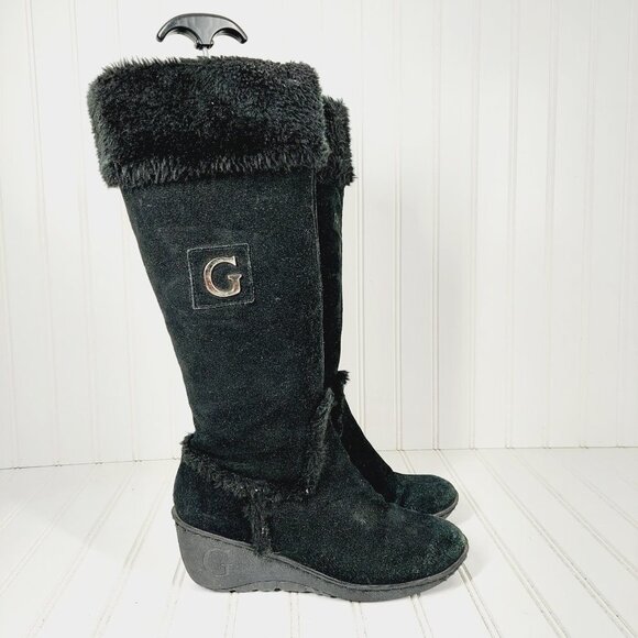Guess Black Suede Leather Fur Winter Wedge Heel Riding Grip Sole Boots C267 - Picture 5 of 11